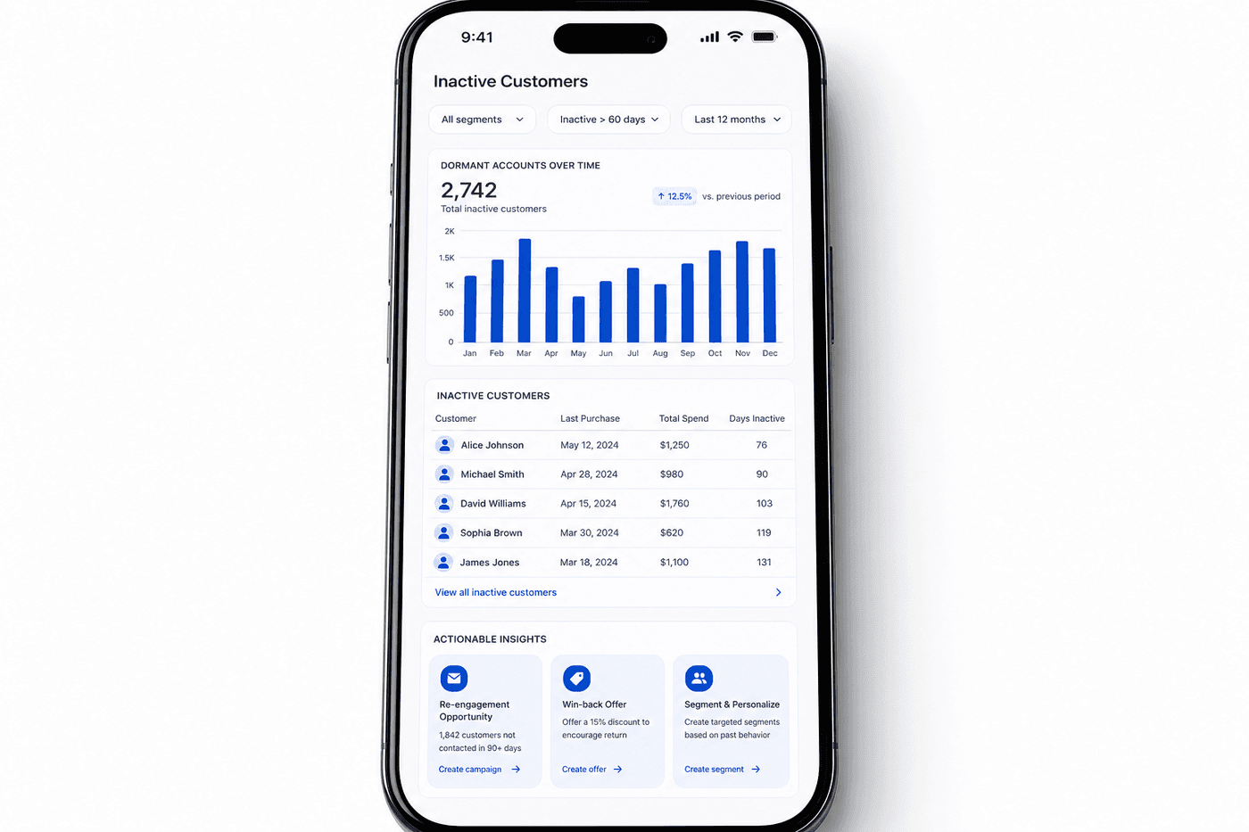 Track inactive customers and item-wise analytics with actionable insights