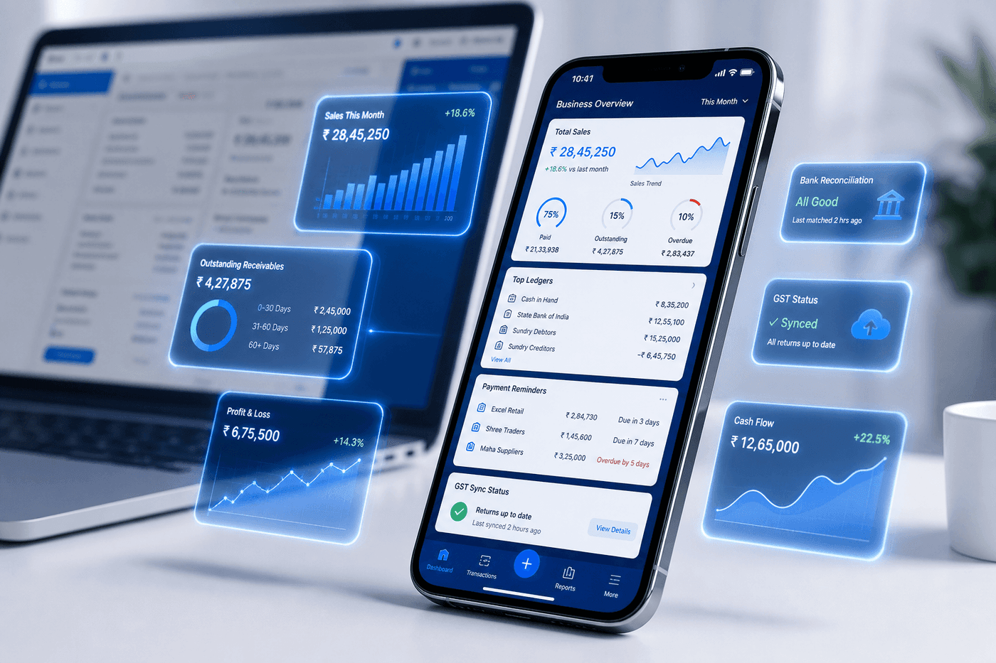 MobileTally — premium business dashboard on smartphone and laptop with secure Tally sync